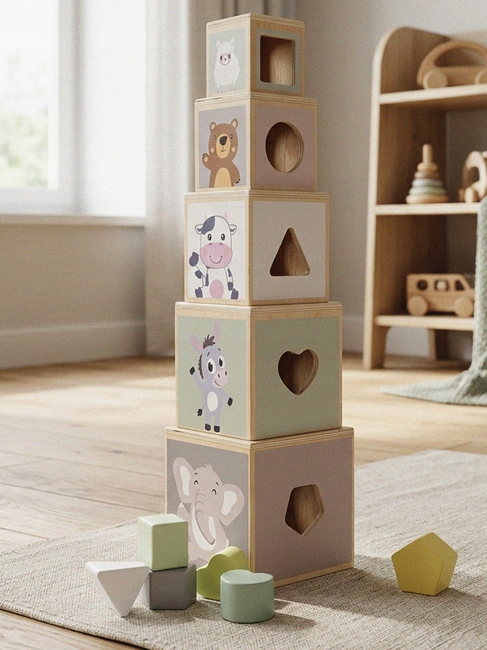 Cuburi educative din lemn 5 piese cu forme geometrice, 48 cm, multicolor - imagine 8