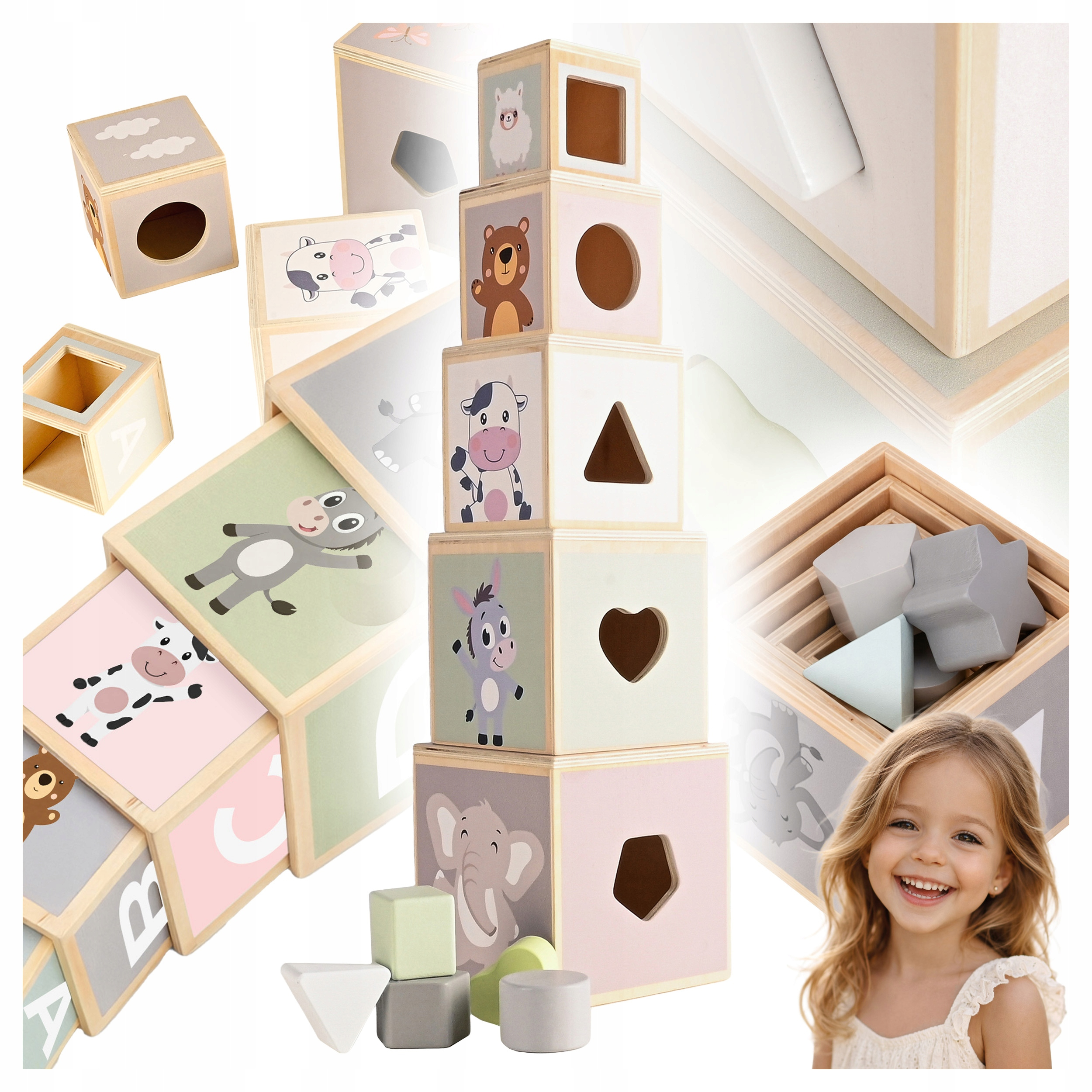 Cuburi educative din lemn 5 piese cu forme geometrice, 48 cm, multicolor - imagine 10