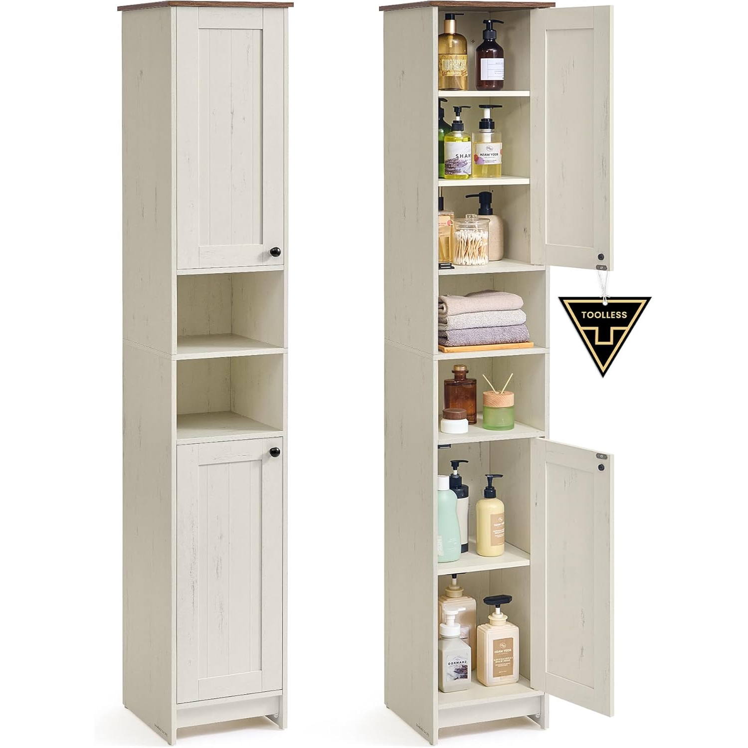 SONGMICS Dulap de baie ingust, cu rafturi reglabile si 2 compartimente deschise, PAL si MDF, 30x30x170 cm, alb rustic