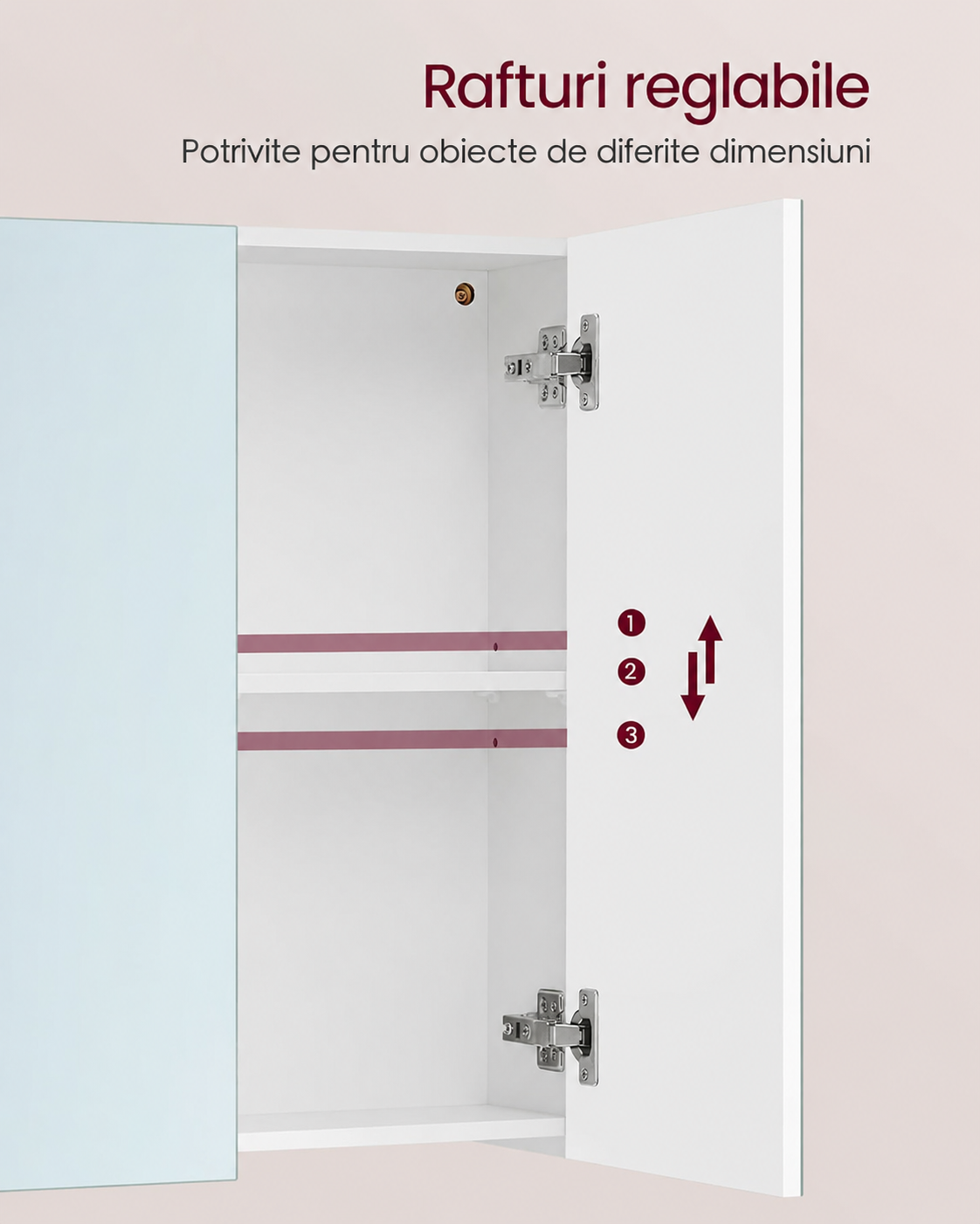 VASAGLE Dulap pentru baie cu oglinda, 3 usi si rafturi reglabile, MDF, 90x15x60 cm, alb - imagine 6