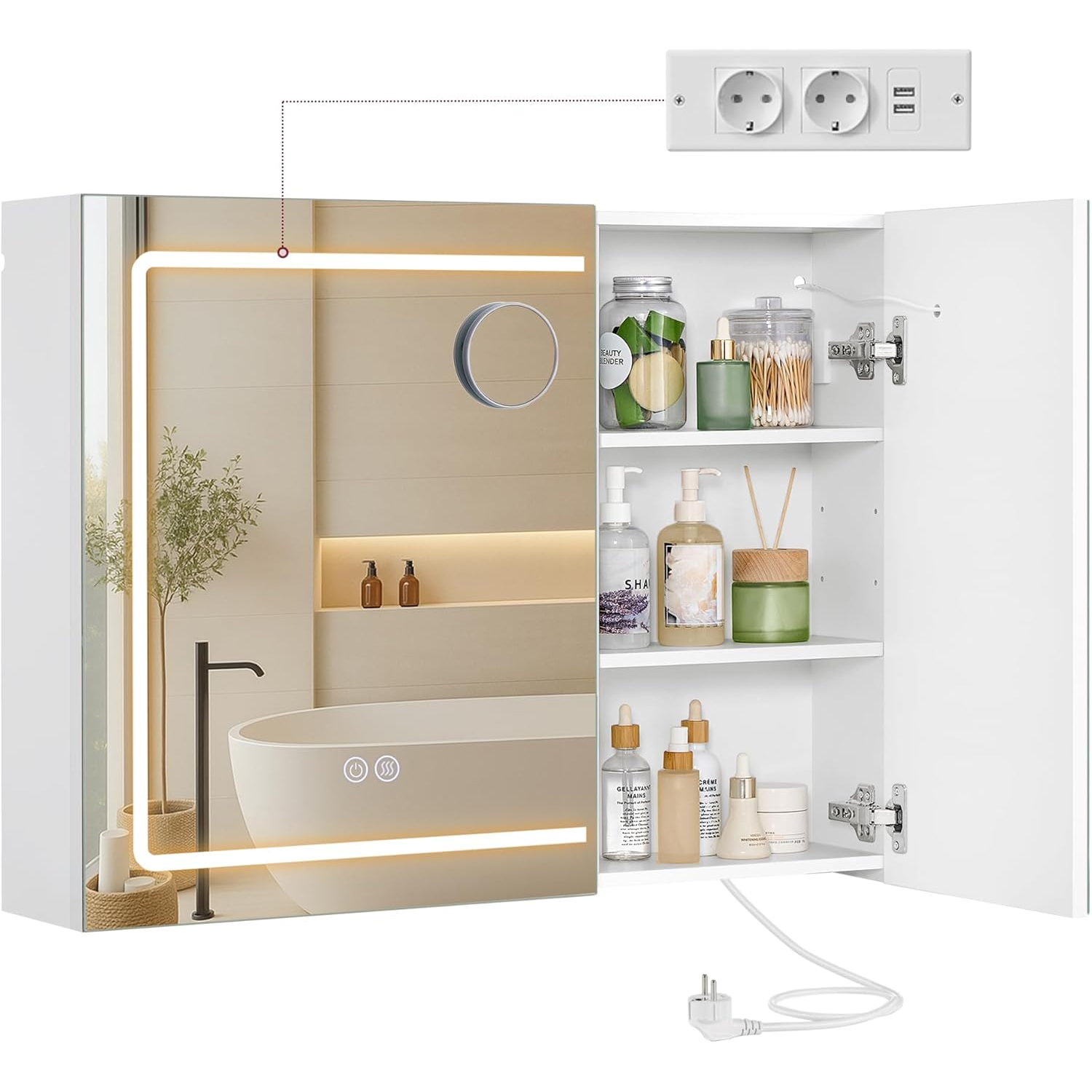 VASAGLE Dulap pentru baie cu oglinda si iluminare LED reglabila, functie anti-abur, USB si prize integrate, 80x17x60 cm, alb - imagine 2
