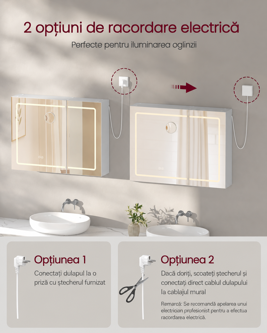 VASAGLE Dulap pentru baie cu oglinda si iluminare LED reglabila, functie anti-abur, USB si prize integrate, 80x17x60 cm, alb - imagine 3