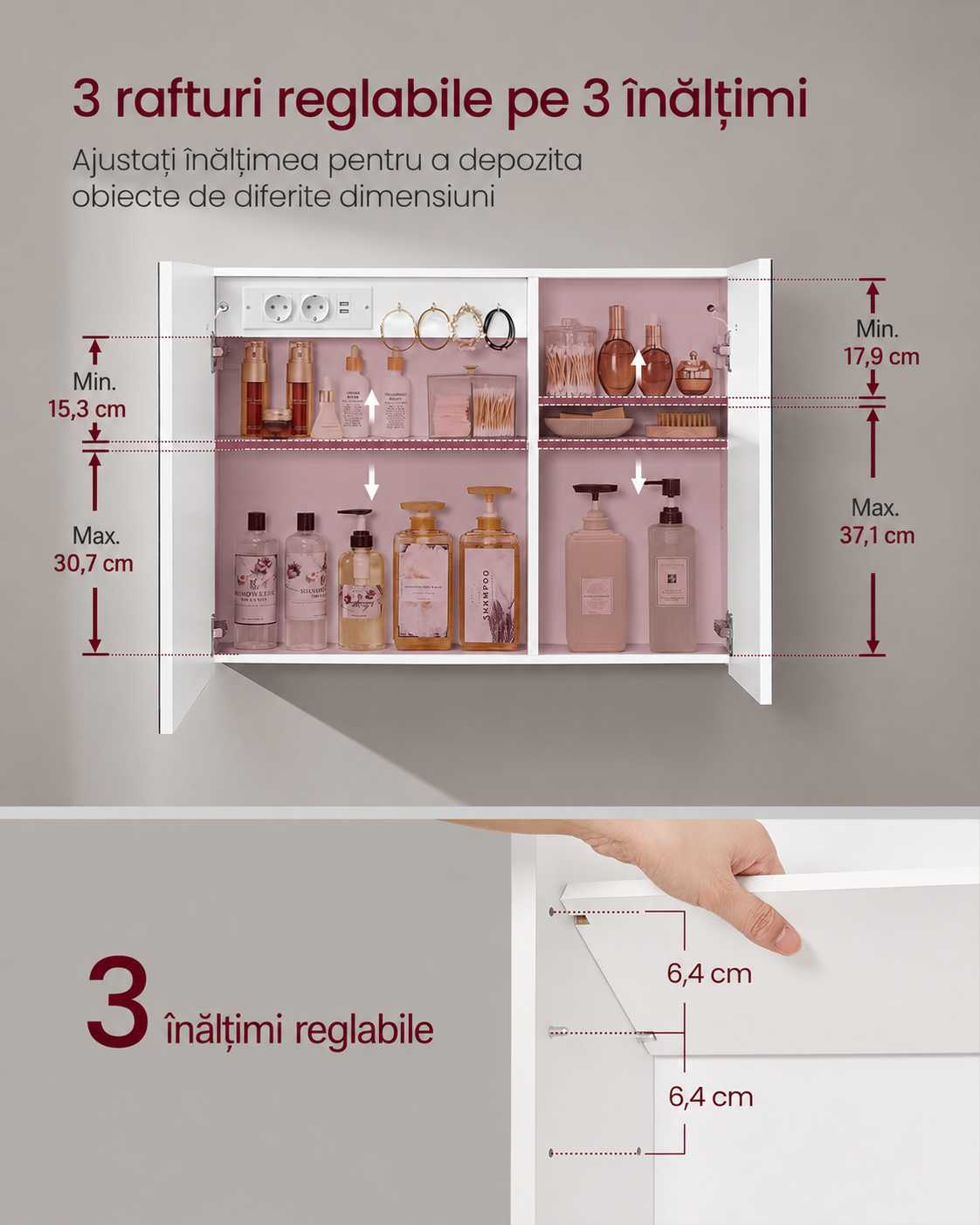 VASAGLE Dulap pentru baie cu oglinda si iluminare LED reglabila, functie anti-abur, USB si prize integrate, 80x17x60 cm, alb - imagine 5