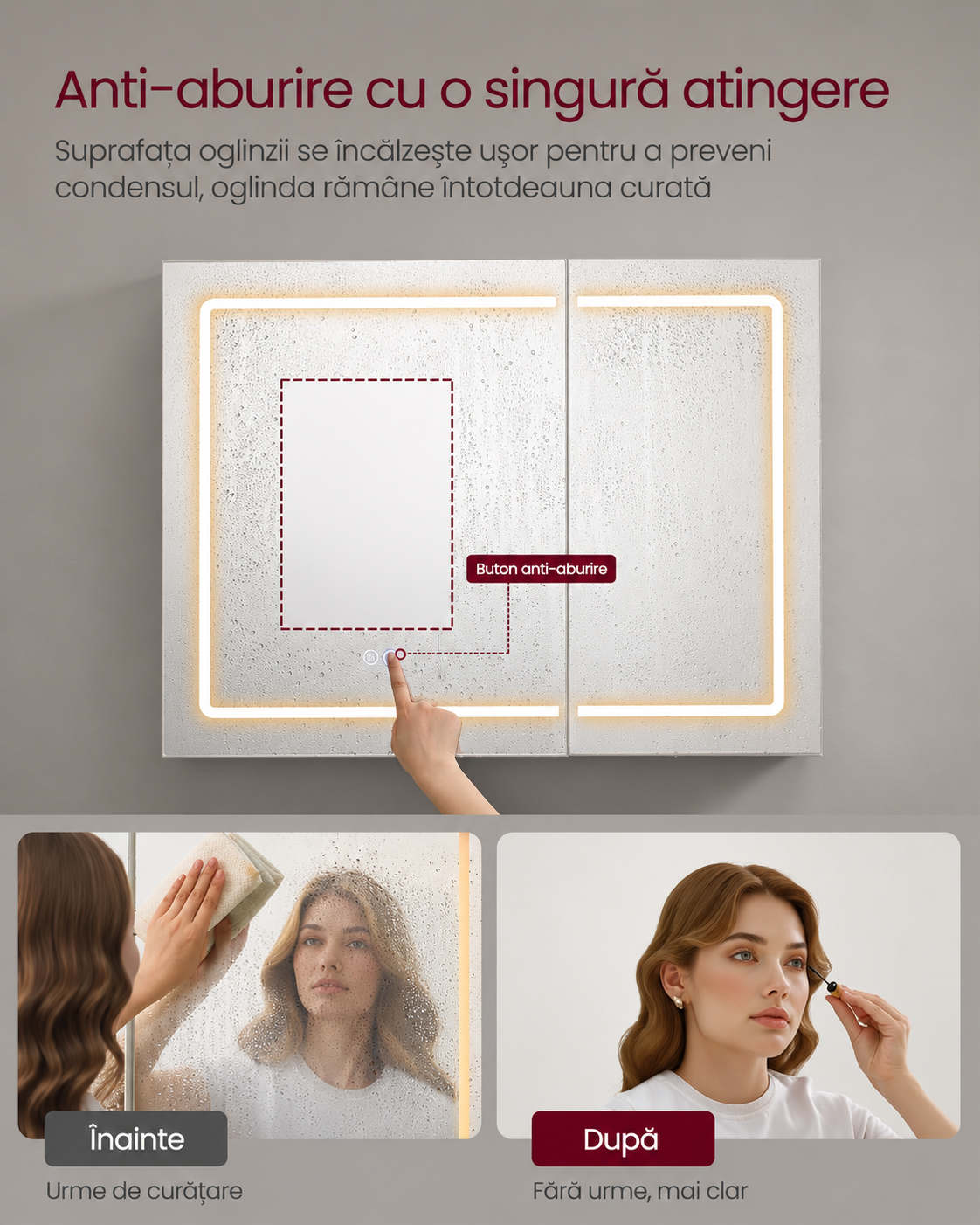 VASAGLE Dulap pentru baie cu oglinda si iluminare LED reglabila, functie anti-abur, USB si prize integrate, 80x17x60 cm, alb - imagine 10