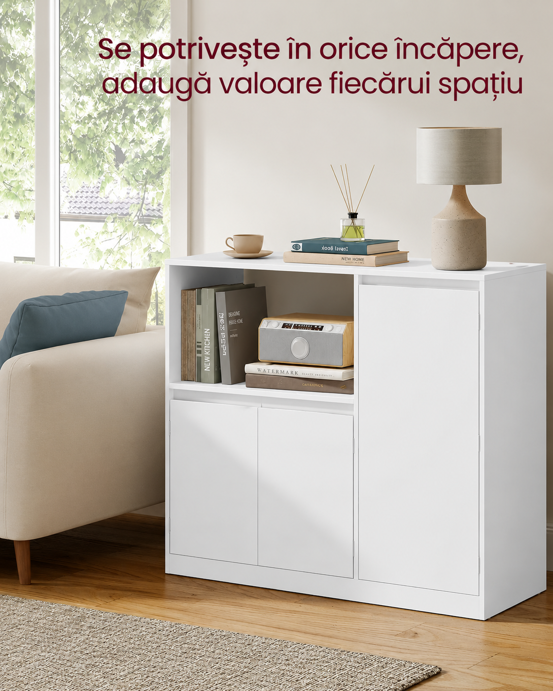 VASAGLE Dulap pentru bucatarie cu raft pentru cuptor cu microunde, 3 usi si rafturi reglabile, priza integrata, 90x40x90 cm, alb - imagine 4