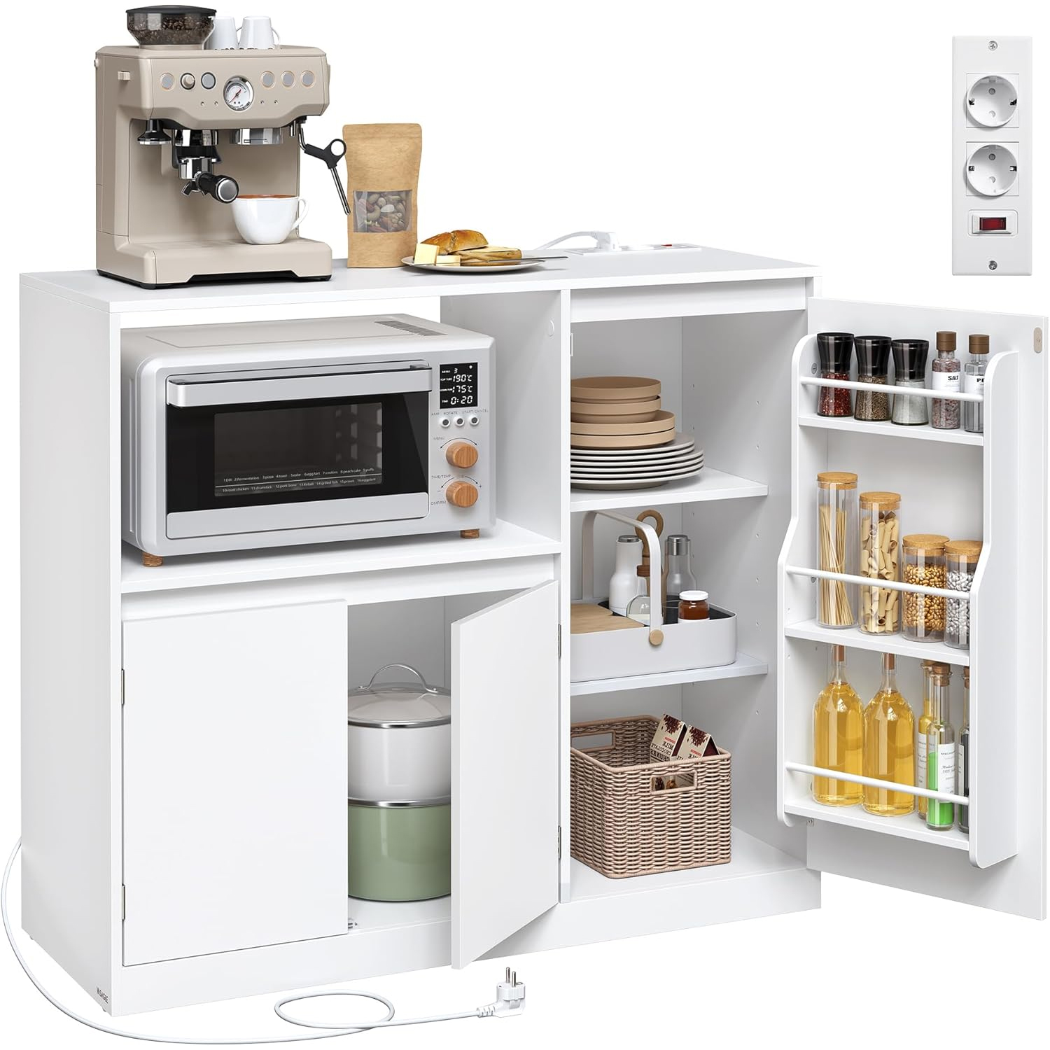 VASAGLE Dulap pentru bucatarie cu raft pentru cuptor cu microunde, 3 usi si rafturi reglabile, priza integrata, 90x40x90 cm, alb - imagine 2