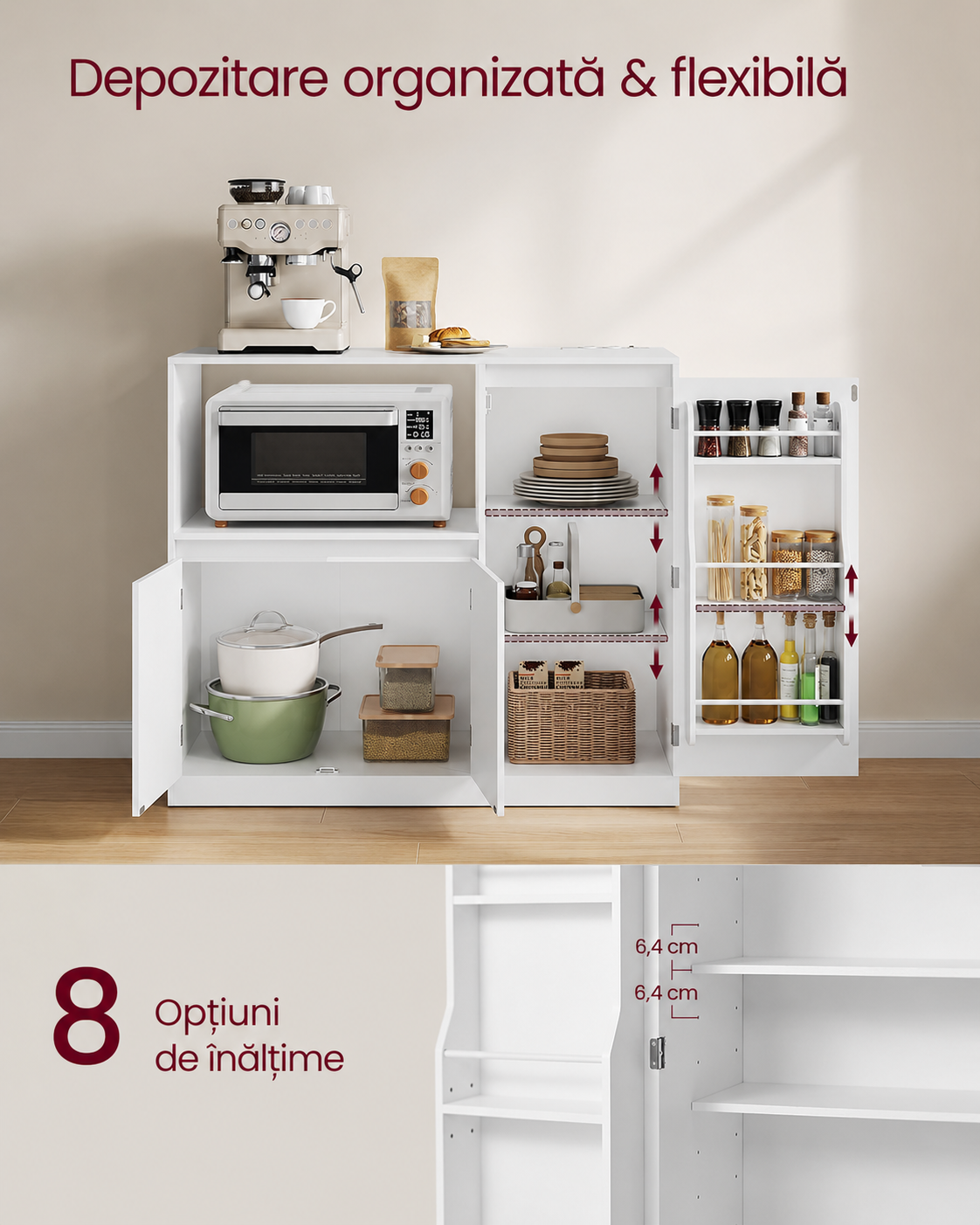 VASAGLE Dulap pentru bucatarie cu raft pentru cuptor cu microunde, 3 usi si rafturi reglabile, priza integrata, 90x40x90 cm, alb - imagine 7