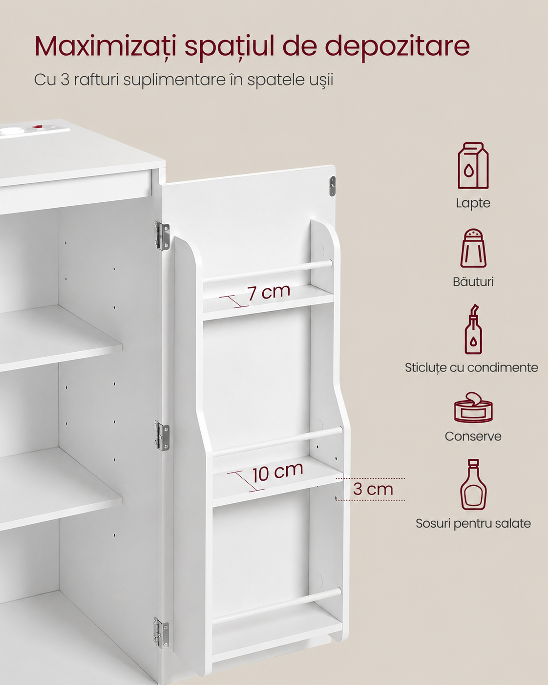 VASAGLE Dulap pentru bucatarie cu raft pentru cuptor cu microunde, 3 usi si rafturi reglabile, priza integrata, 90x40x90 cm, alb - imagine 8
