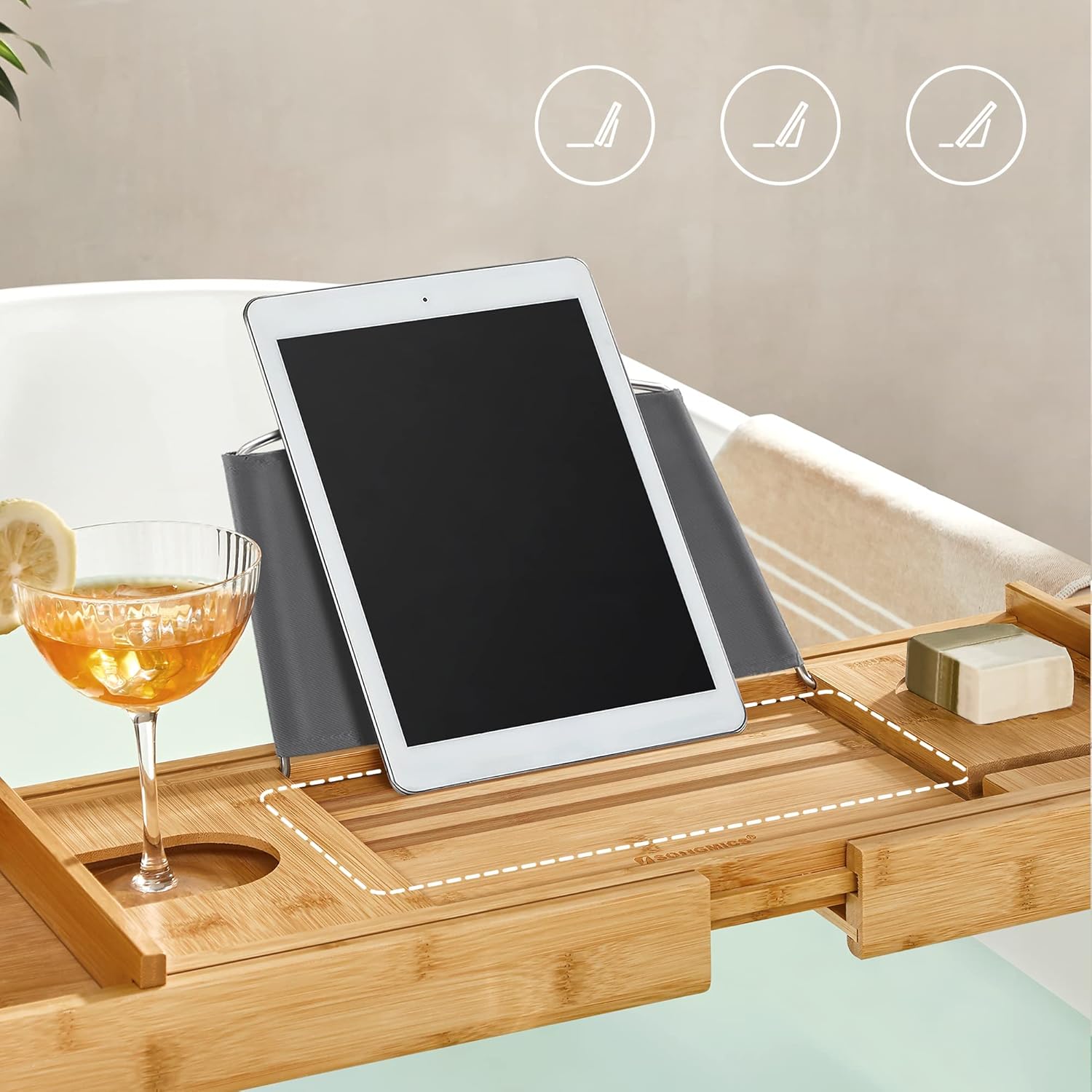 SONGMICS Tava extensibila pentru cada din bambus, cu suport pentru carte, pahar si sapun, (75-109)x23x5 cm, natur - imagine 2