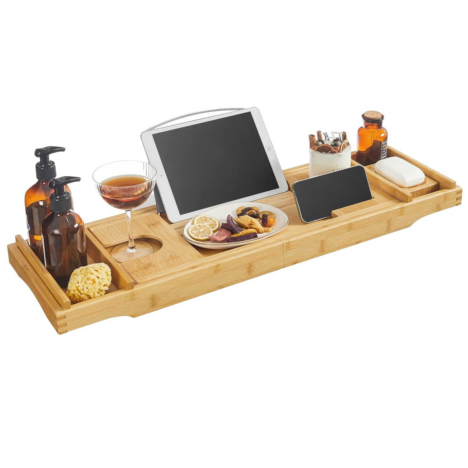 SONGMICS Tava extensibila pentru cada din bambus, cu suport pentru carte, pahar si sapun, (75-109)x23x5 cm, natur - imagine 10