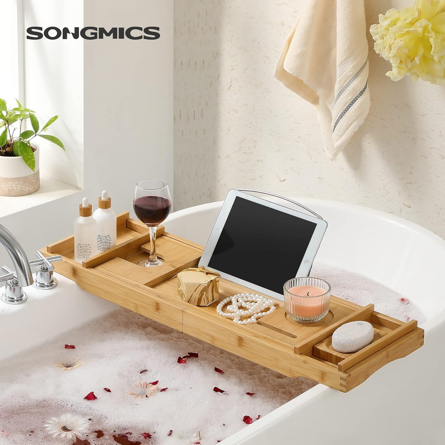 SONGMICS Tava extensibila pentru cada din bambus, cu suport pentru carte, pahar si sapun, (75-109)x23x5 cm, natur - imagine 8