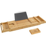 SONGMICS Tava extensibila pentru cada din bambus, cu suport pentru carte, pahar si sapun, (75-109)x23x5 cm, natur