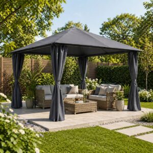 Cort pavilion de gradina tip pergola, structura metalica, 300×300x270 cm, cu 4 pereti laterali, impermeabil cu rezistenta UV, gri