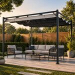 Pergola gradina cu acoperis retractabil, otel si poliester, 300x300x232 cm, gri
