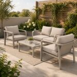 Set mobilier gradina, 4 piese, canapea, 2 fotolii si masa, perne incluse, crem