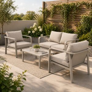 Set mobilier gradina, 4 piese, canapea, 2 fotolii si masa, perne incluse, crem