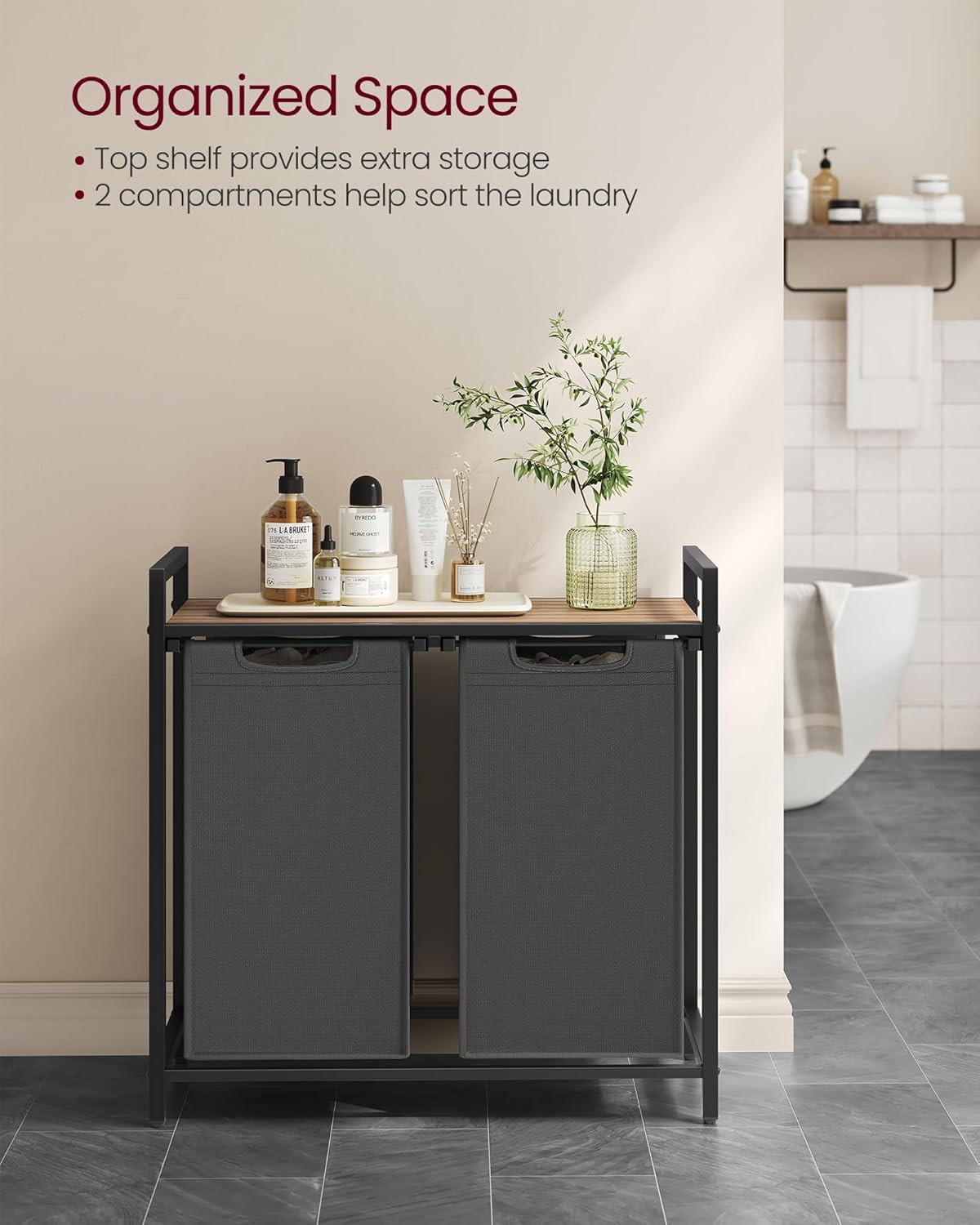 VASAGLE Cos de rufe, 2 compartimente, saci de rufe detasabili, raft, cadru metalic, 2x46L, 73x33x72 cm, maro si gri antracit - imagine 3