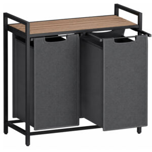 VASAGLE Cos de rufe, 2 compartimente, saci de rufe detasabili, raft, cadru metalic, 2x46L, 73x33x72 cm, maro si gri antracit