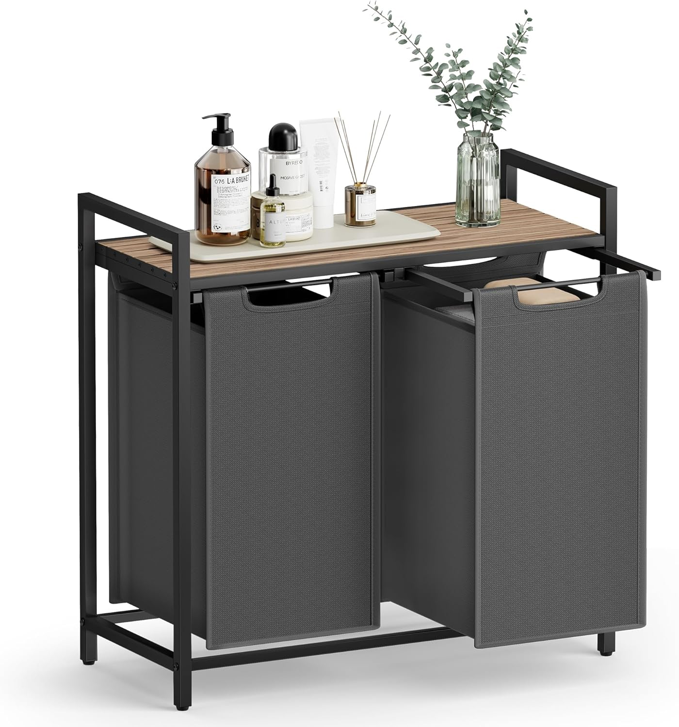 VASAGLE Cos de rufe, 2 compartimente, saci de rufe detasabili, raft, cadru metalic, 2x46L, 73x33x72 cm, maro si gri antracit - imagine 8