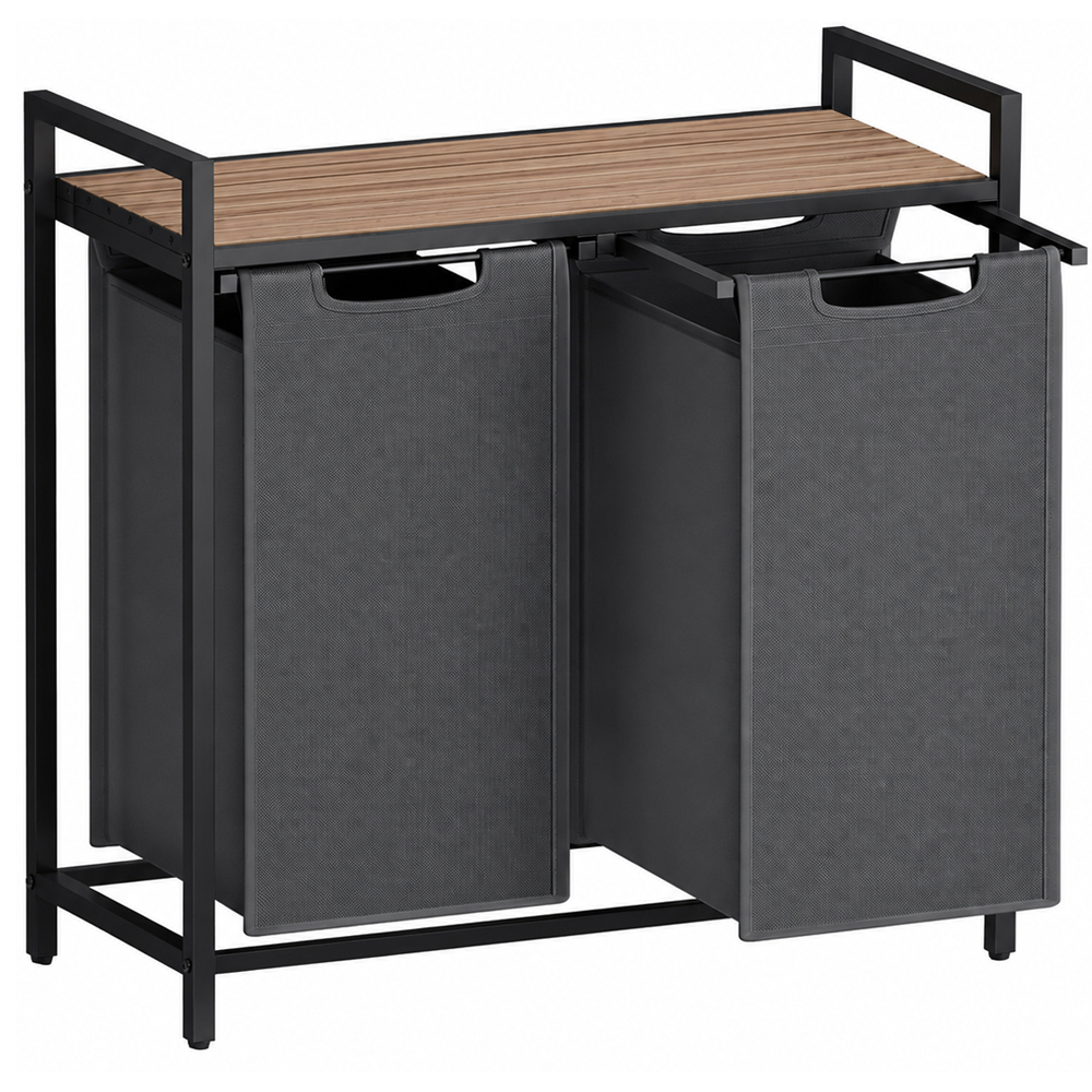 VASAGLE Cos de rufe, 2 compartimente, saci de rufe detasabili, raft, cadru metalic, 2x46L, 73x33x72 cm, maro si gri antracit