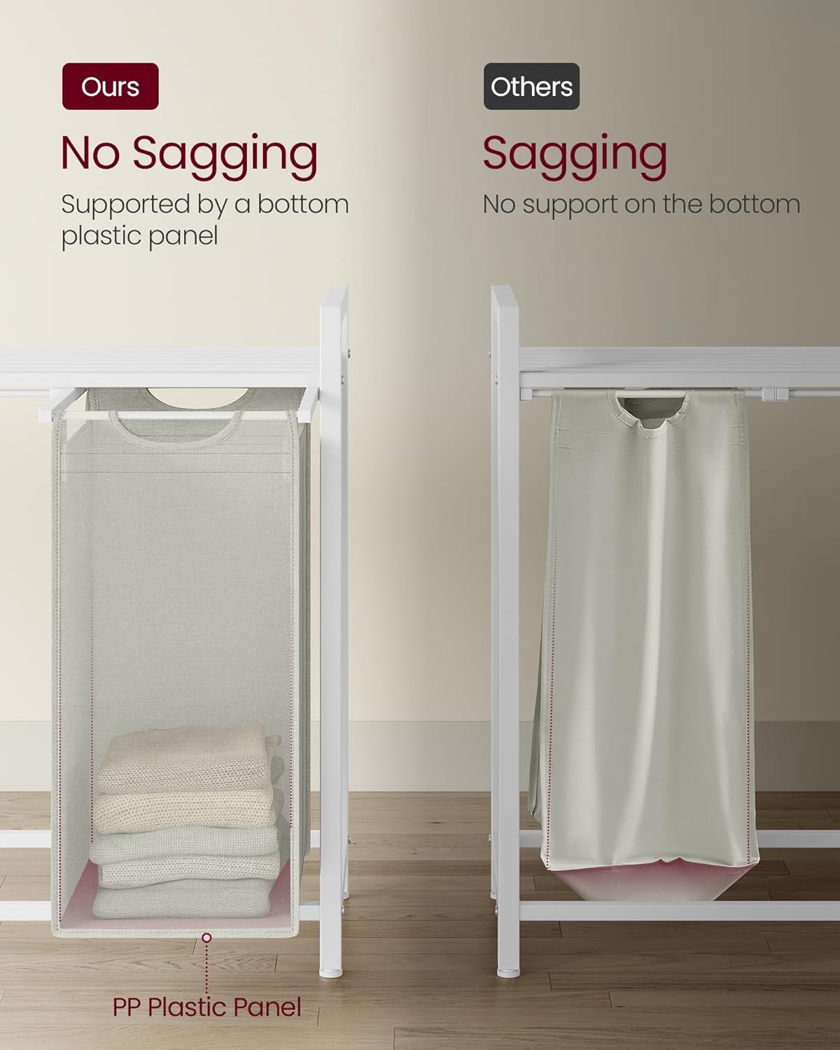 VASAGLE Cos rufe 4x40L, saci detasabili, raft superior si cadru metalic, 116x33x72 cm, alb si crem - imagine 5