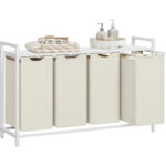 VASAGLE Cos rufe 4x40L, saci detasabili, raft superior si cadru metalic, 116x33x72 cm, alb si crem