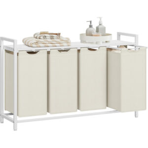VASAGLE Cos rufe 4x40L, saci detasabili, raft superior si cadru metalic, 116x33x72 cm, alb si crem
