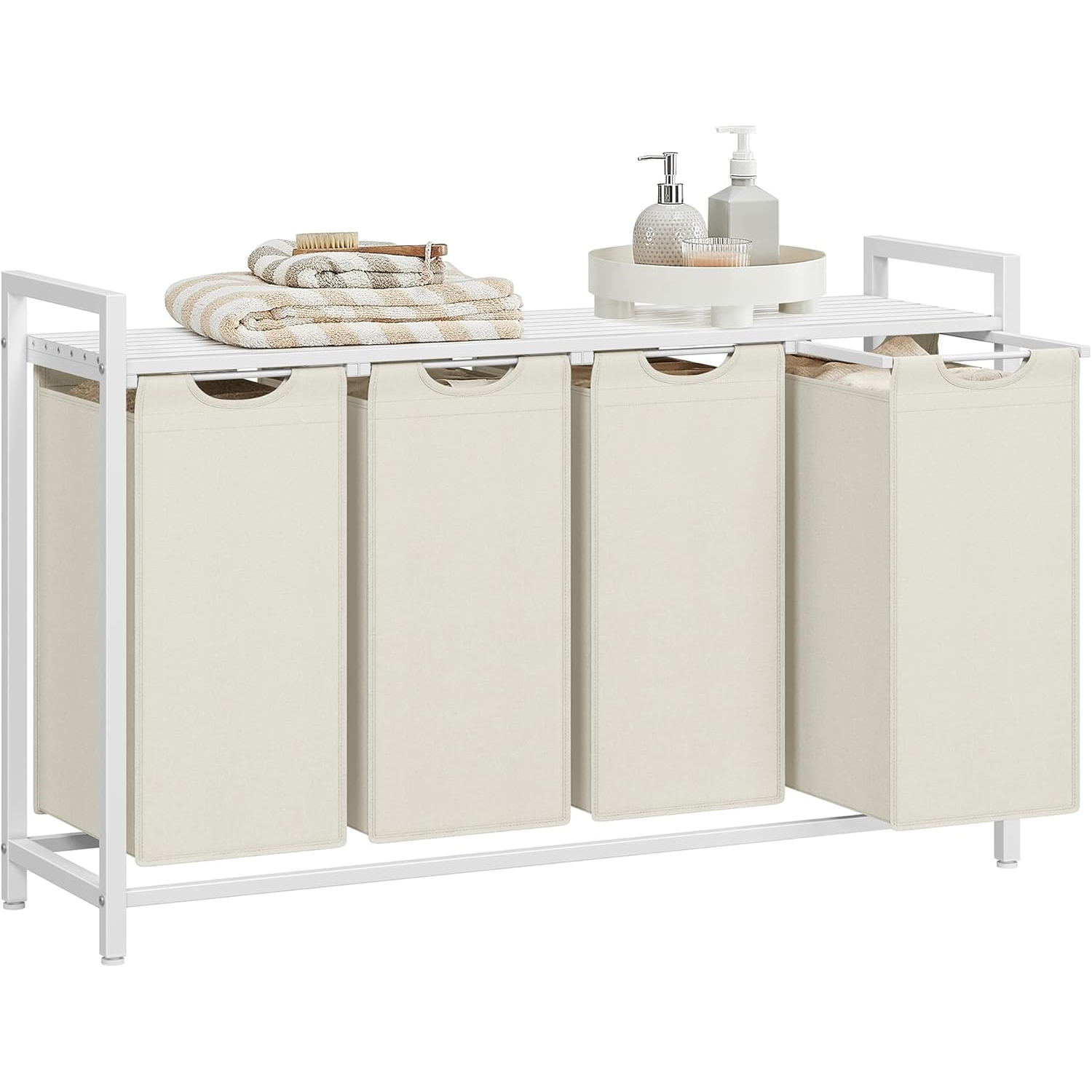 VASAGLE Cos rufe 4x40L, saci detasabili, raft superior si cadru metalic, 116x33x72 cm, alb si crem