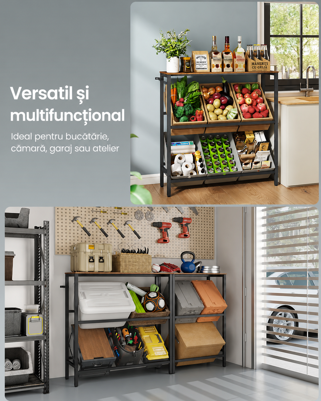 SONGMICS Suport pentru lazi de legume sau bauturi cu 2 niveluri, pentru 4 lazi, cadru metalic, 105x40x117 cm, maro rustic - imagine 9