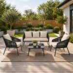 Set mobilier gradina 4 piese cu canapea sofa, 2 fotolii si masa sticla, cadru metalic, negru cu perne bej