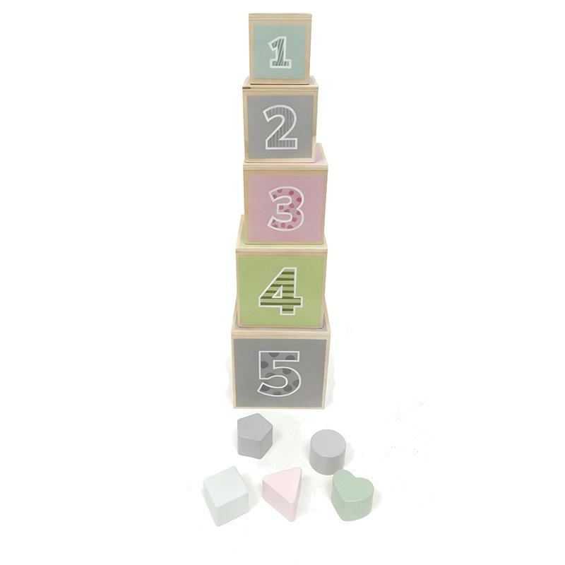 Cuburi educative din lemn 5 piese cu forme geometrice, 48 cm, multicolor - imagine 2