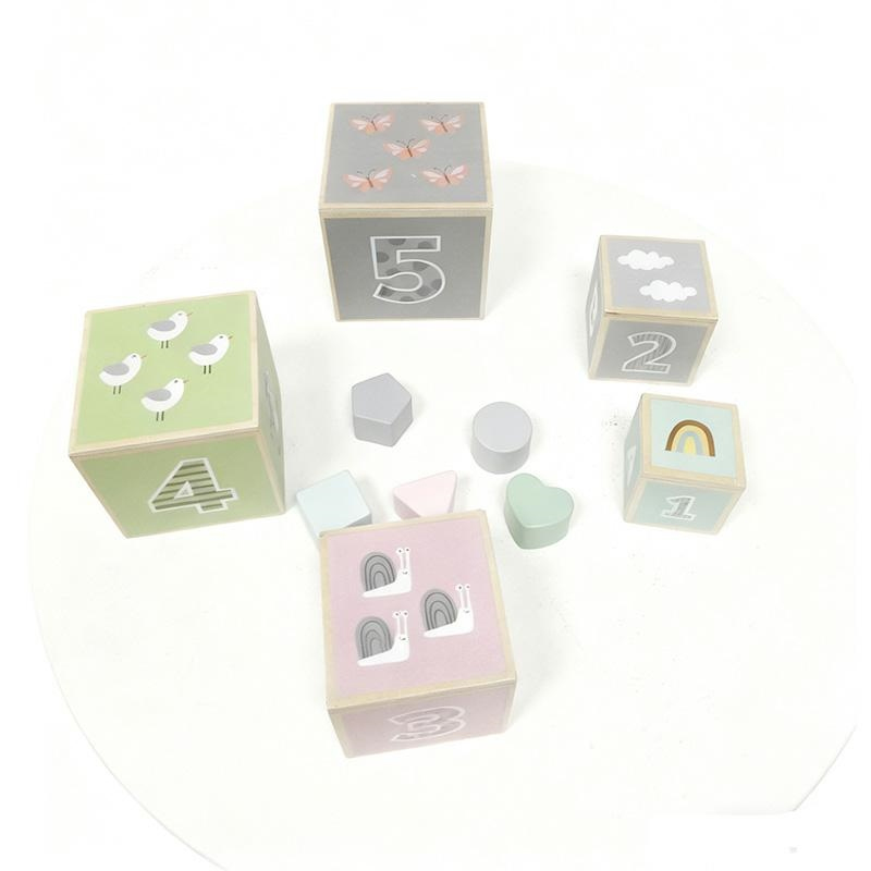 Cuburi educative din lemn 5 piese cu forme geometrice, 48 cm, multicolor - imagine 3