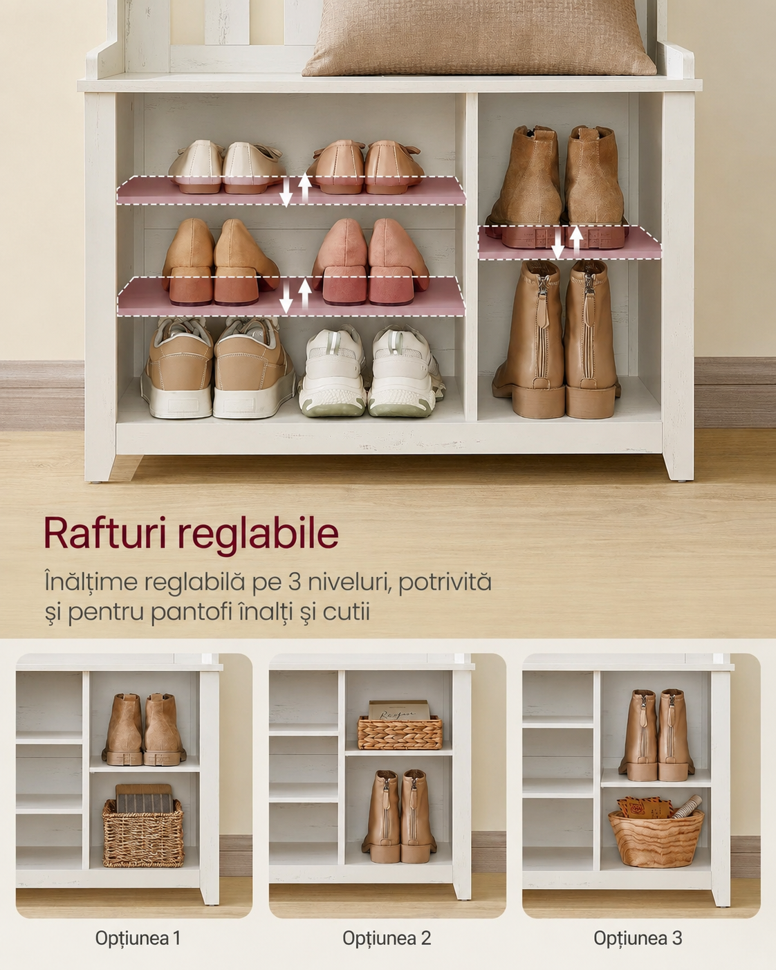 VASAGLE Cuier pentru hol cu banca, raft pantofi si 7 carlige duble, 81x35x180 cm, alb rustic - imagine 3