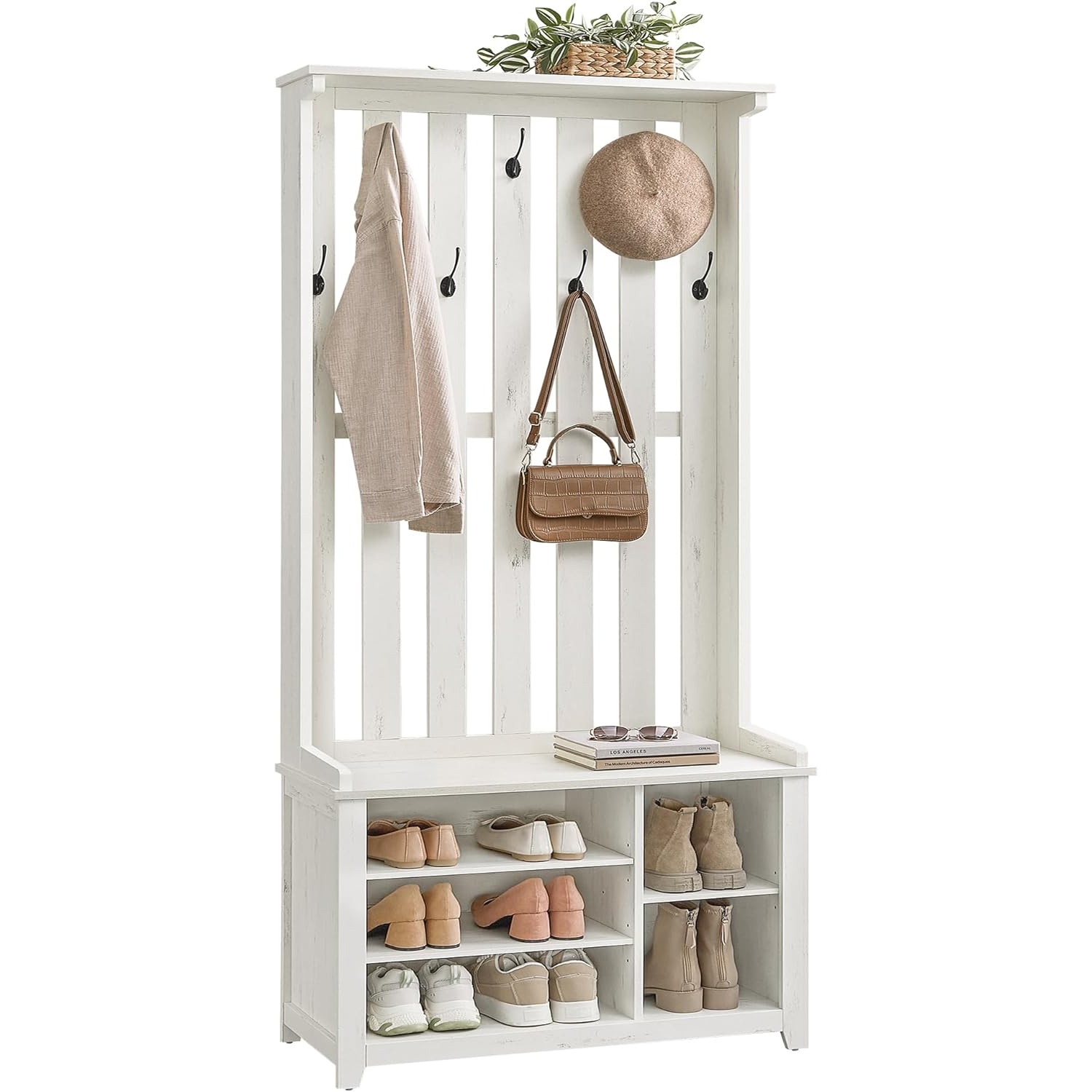 VASAGLE Cuier pentru hol cu banca, raft pantofi si 7 carlige duble, 81x35x180 cm, alb rustic - imagine 5