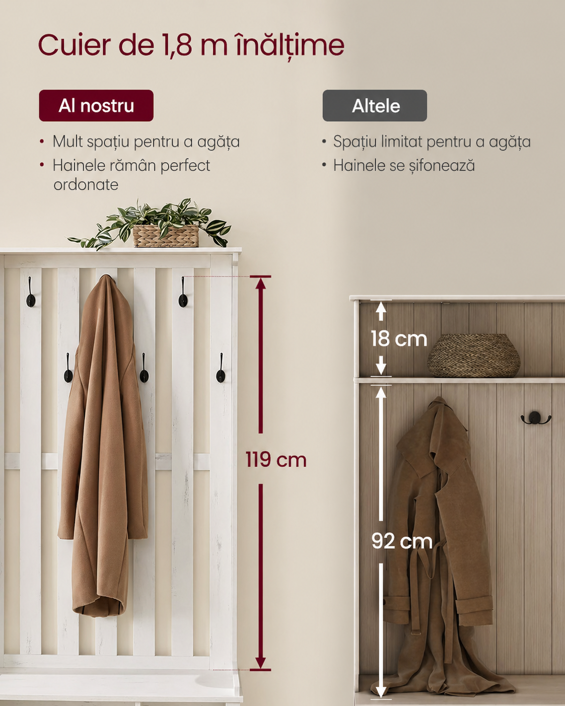 VASAGLE Cuier pentru hol cu banca, raft pantofi si 7 carlige duble, 81x35x180 cm, alb rustic - imagine 6