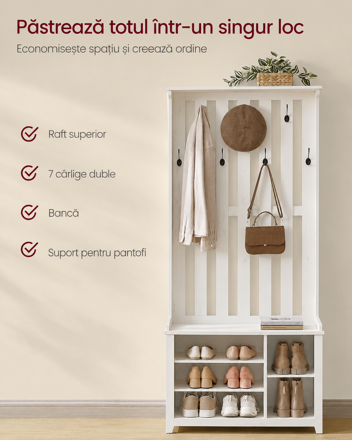 VASAGLE Cuier pentru hol cu banca, raft pantofi si 7 carlige duble, 81x35x180 cm, alb rustic - imagine 7