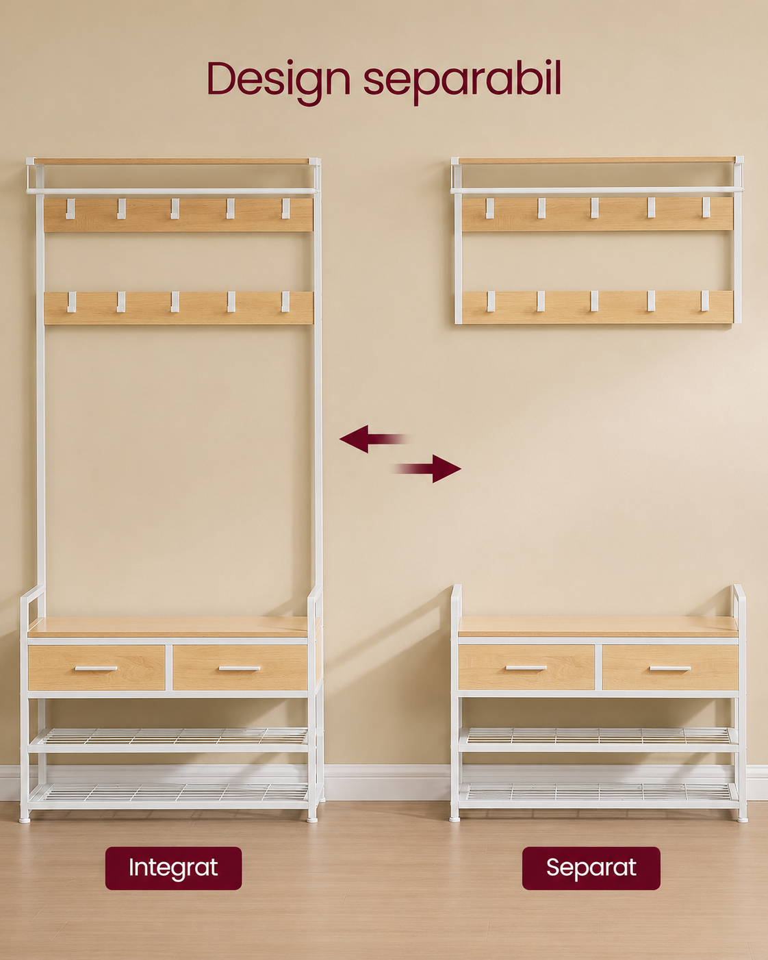 VASAGLE Cuier cu polite de depozitare pantofi si 2 sertare, cadru din otel, stil industrial, 30x80x182cm, stejar auriu si alb - imagine 3
