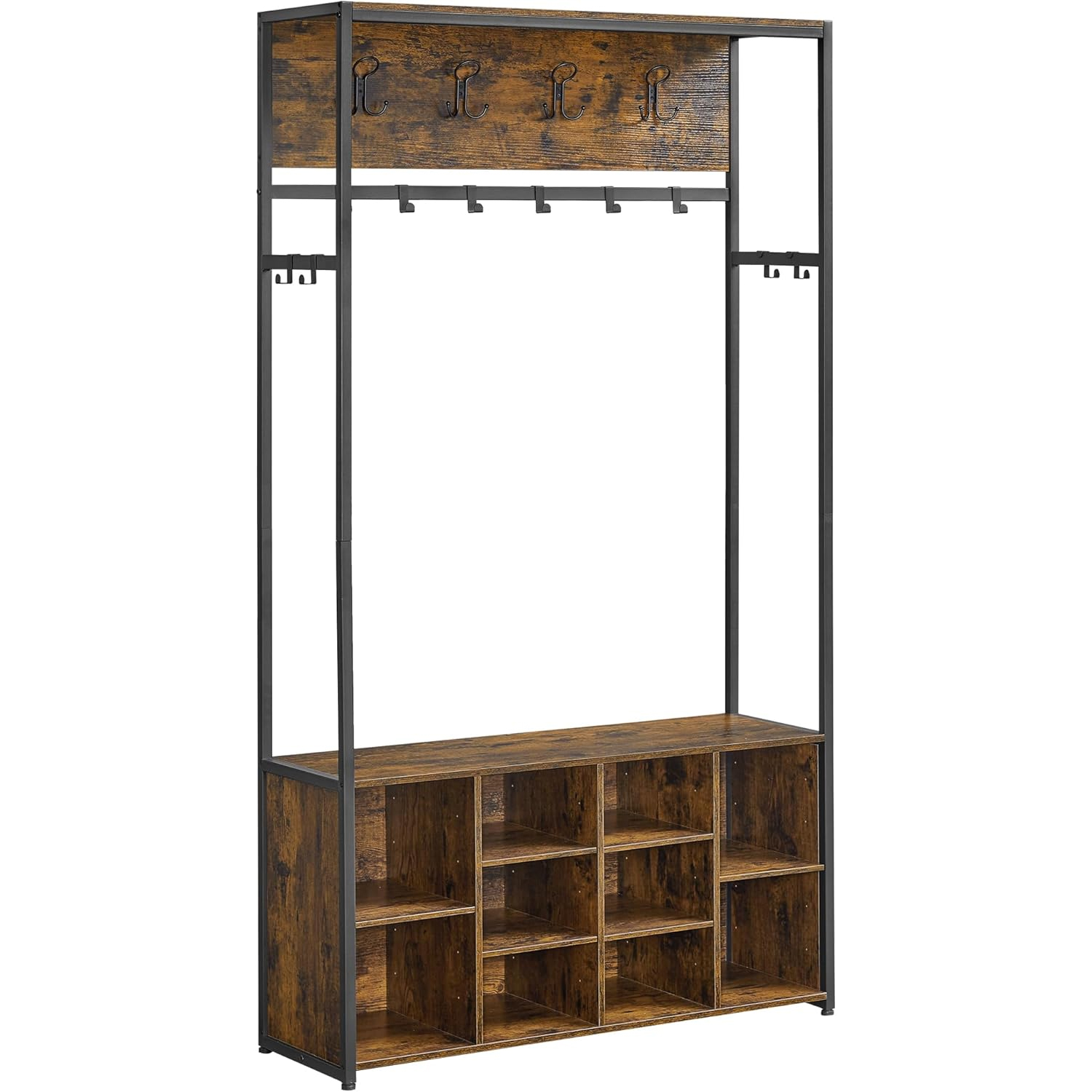 VASAGLE Cuier pentru hol cu banca si pantofar, raft superior, carlige reglabile, cadru metalic, stil industrial, 100x32x180 cm, maro rustic