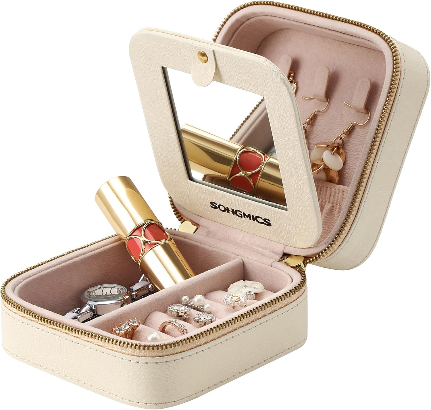 SONGMICS Cutie bijuterii de calatorie Gisella cu oglinda, compartimente pentru inele, cercei si coliere, 11x11x6 cm, bej - imagine 4