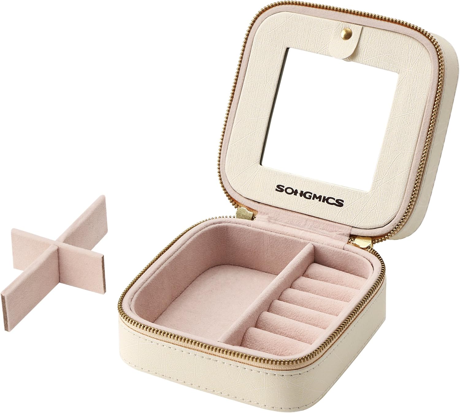 SONGMICS Cutie bijuterii de calatorie Gisella cu oglinda, compartimente pentru inele, cercei si coliere, 11x11x6 cm, bej - imagine 6