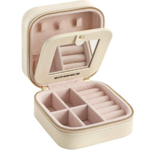 SONGMICS Cutie bijuterii de calatorie Gisella cu oglinda, compartimente pentru inele, cercei si coliere, 11x11x6 cm, bej