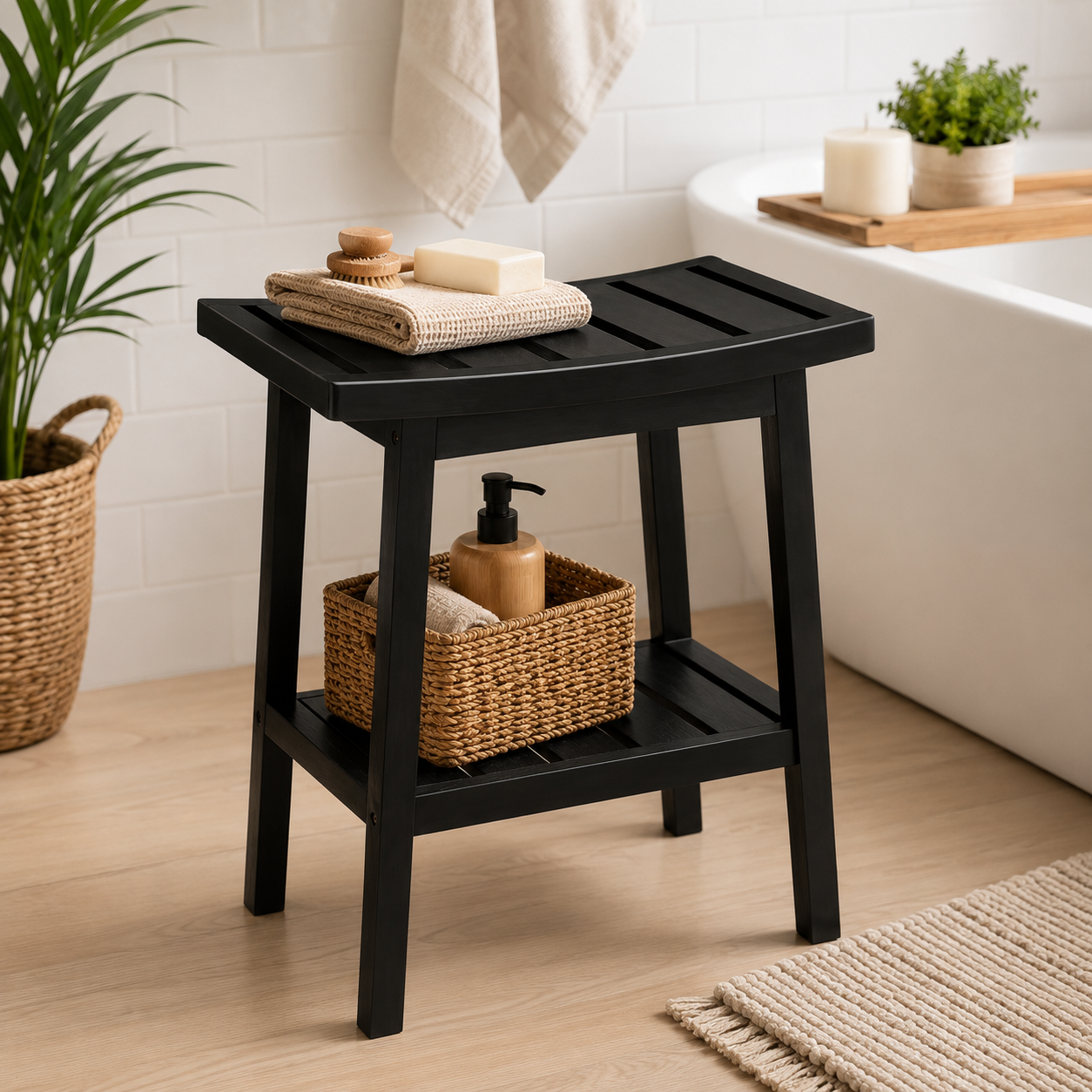 Taburet depozitare 5Five Bambou Natural, bambus, 40x25x46 cm, negru - imagine 2
