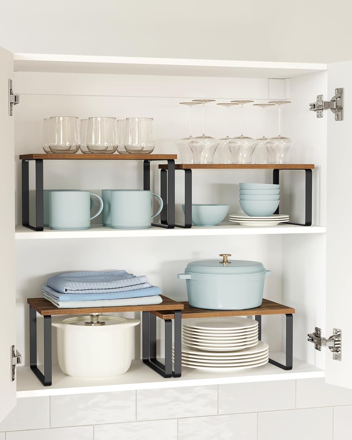 SONGMICS Raft organizator condimente extensibil set 2 bucati, metal si PAL, suprapozabil, 30x20x16 cm, maro rustic - imagine 2