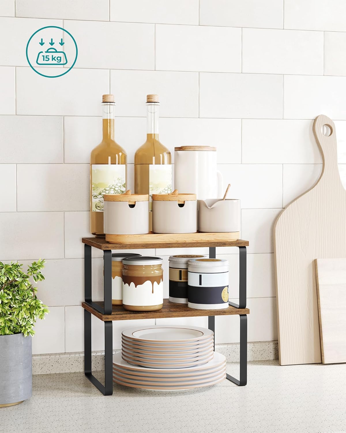 SONGMICS Raft organizator condimente extensibil set 2 bucati, metal si PAL, suprapozabil, 30x20x16 cm, maro rustic - imagine 3
