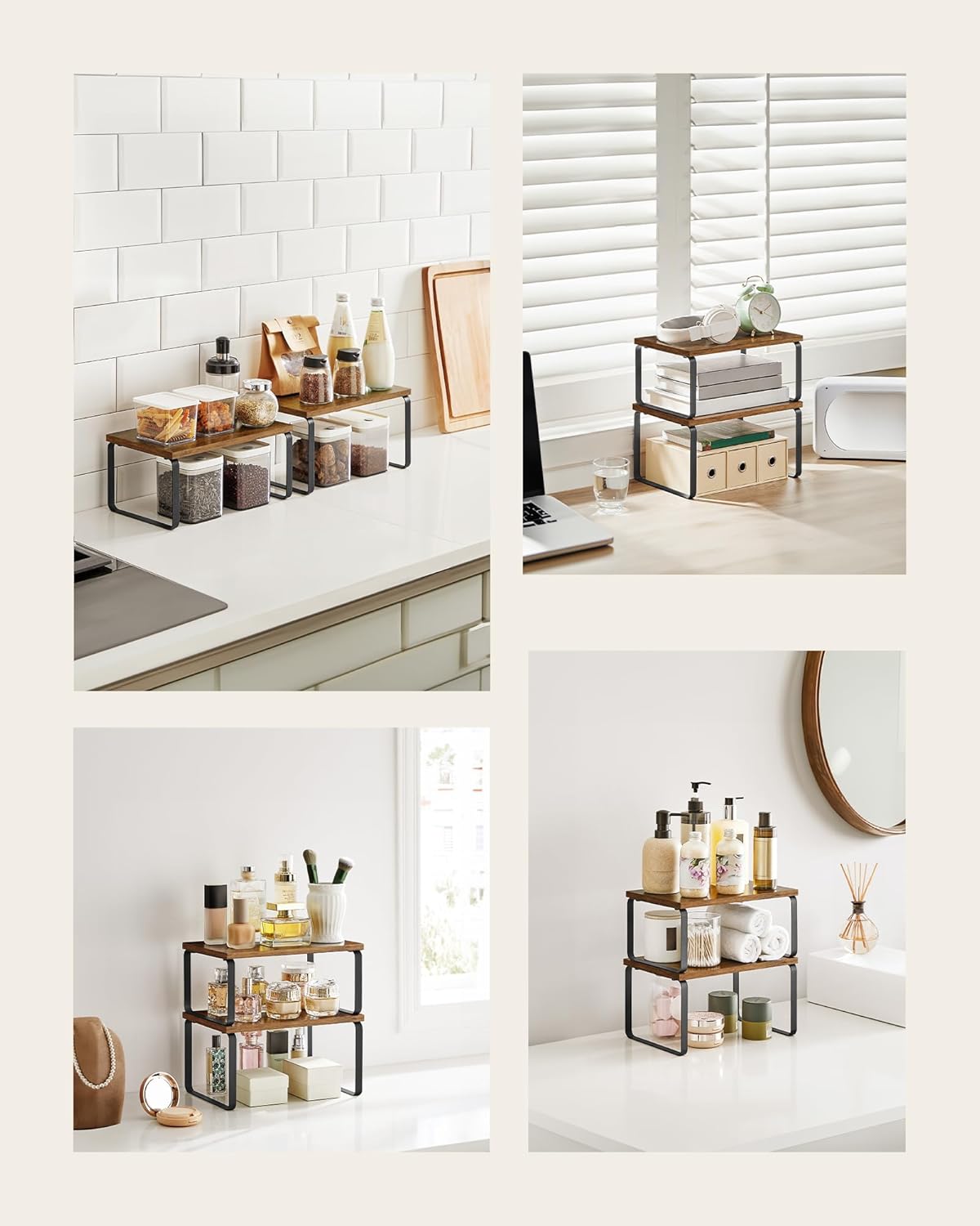 SONGMICS Raft organizator condimente extensibil set 2 bucati, metal si PAL, suprapozabil, 30x20x16 cm, maro rustic - imagine 5