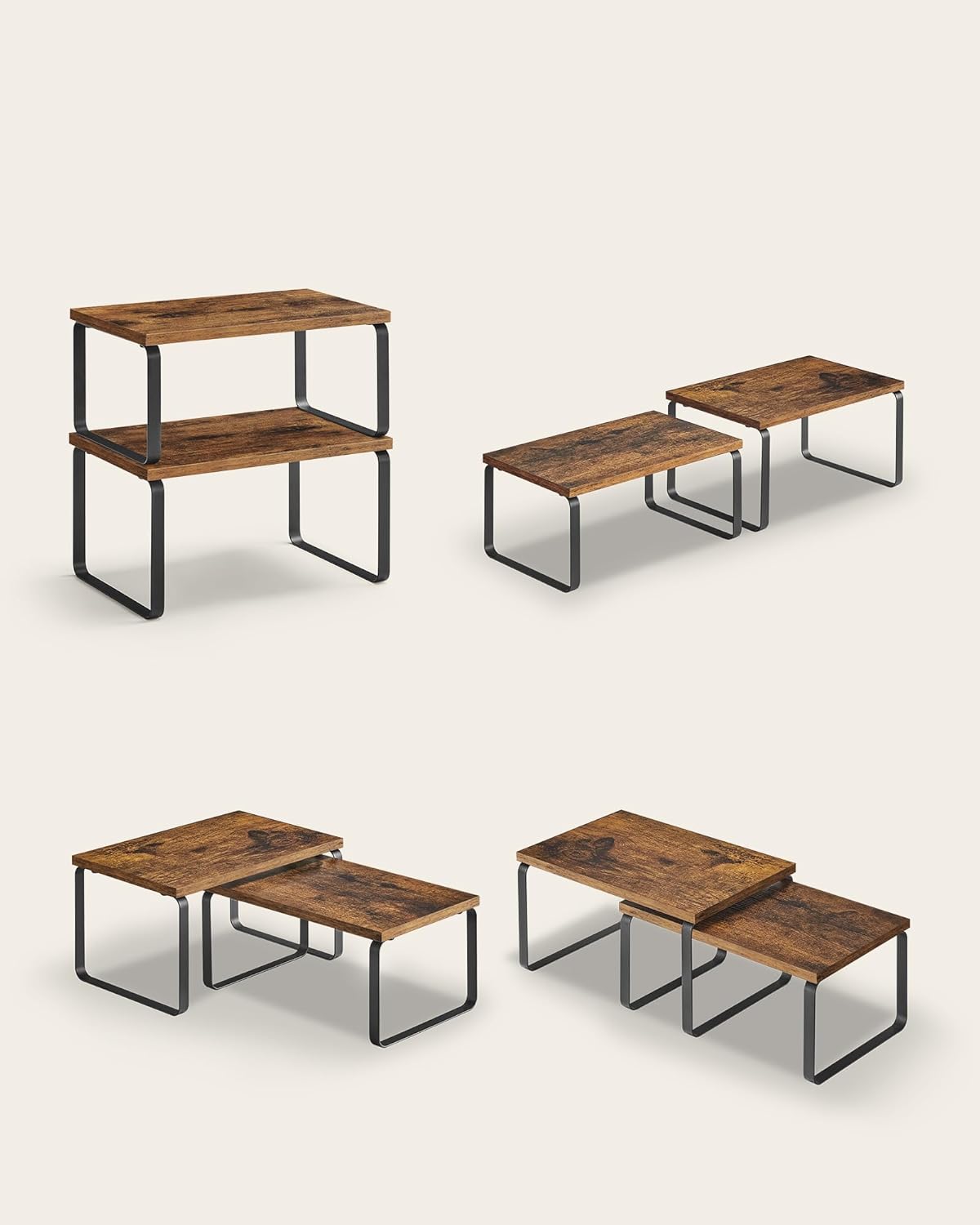 SONGMICS Raft organizator condimente extensibil set 2 bucati, metal si PAL, suprapozabil, 30x20x16 cm, maro rustic - imagine 7