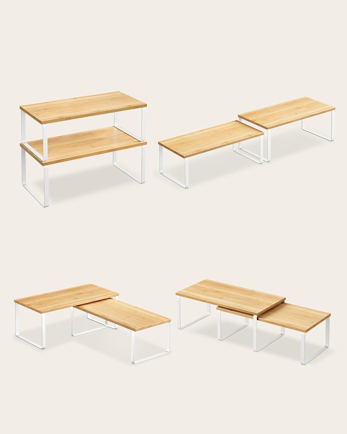 SONGMICS Raft organizator condimente extensibil set 2 bucati, metal si PAL, suprapozabil, 39x19x15 cm, maro natur - imagine 2