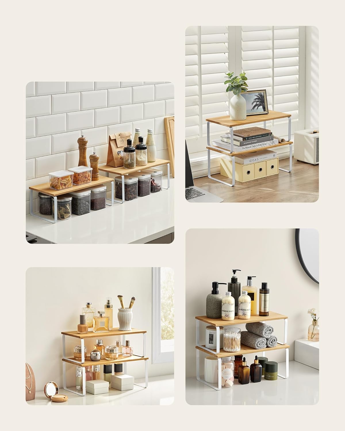 SONGMICS Raft organizator condimente extensibil set 2 bucati, metal si PAL, suprapozabil, 39x19x15 cm, maro natur - imagine 3