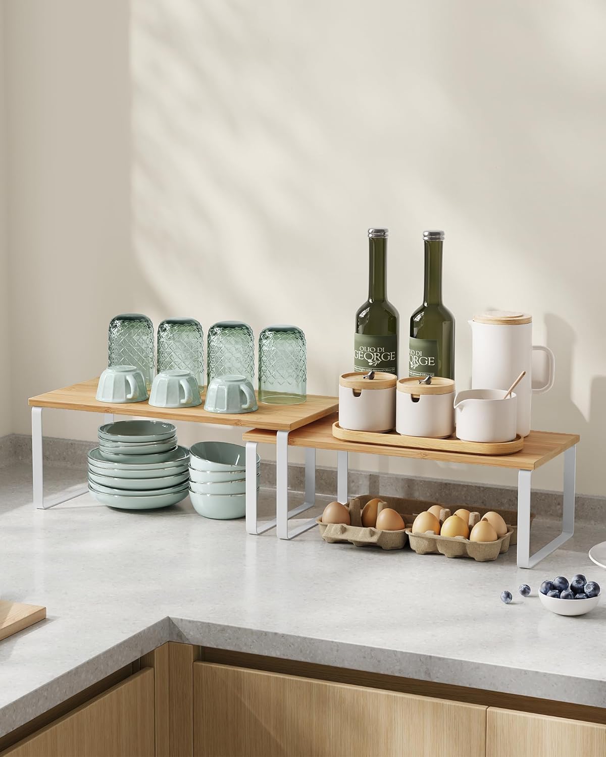 SONGMICS Raft organizator condimente extensibil set 2 bucati, metal si PAL, suprapozabil, 39x19x15 cm, maro natur - imagine 5