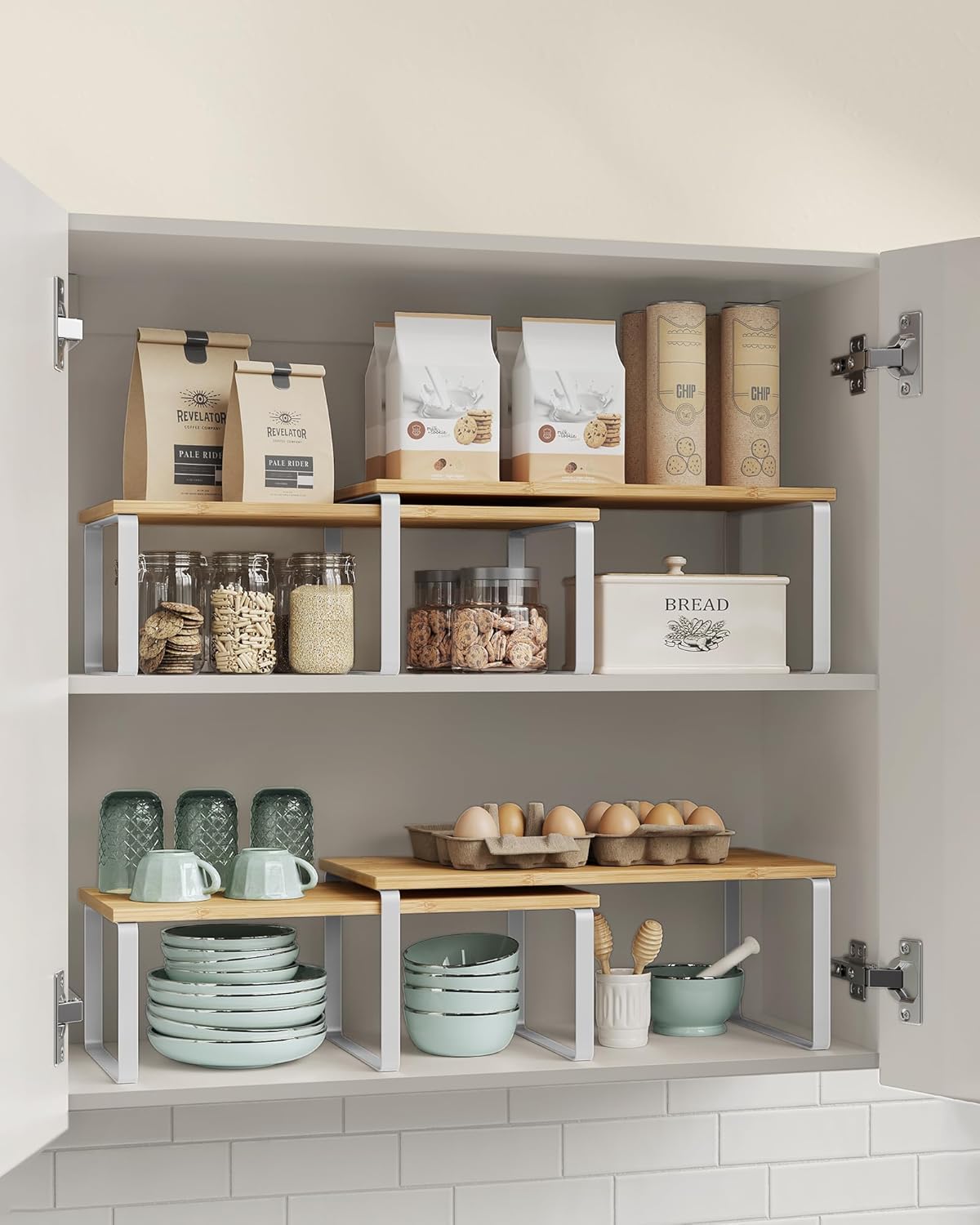 SONGMICS Raft organizator condimente extensibil set 2 bucati, metal si PAL, suprapozabil, 39x19x15 cm, maro natur - imagine 6